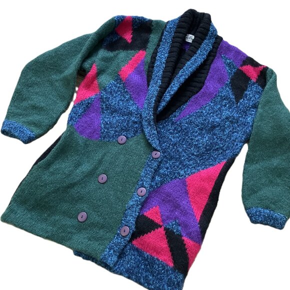 La Monte Mohair Blend Knit Cardigan Sweater Jacket Vintage Jewel Tone Geometric - Picture 3 of 11